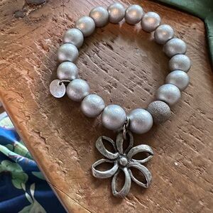 Silver Beaded Flower Charm Bracelet